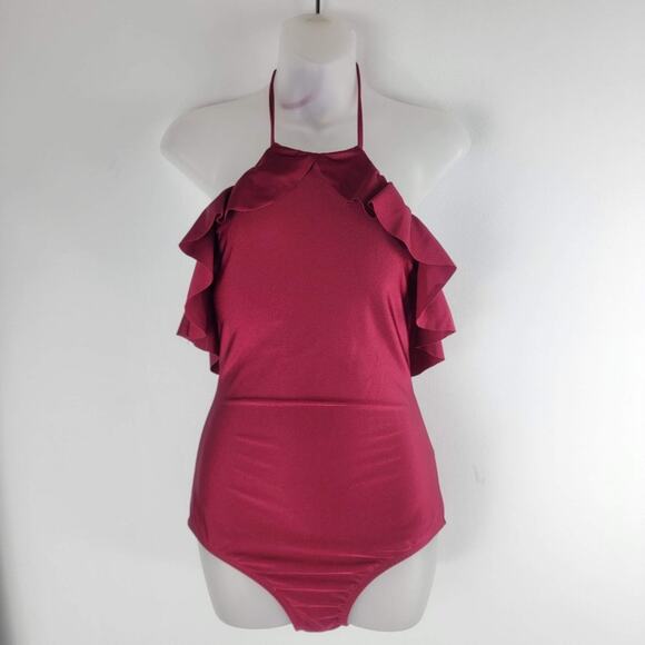 NEW Shoshanna Swimwear Syrah Ruffle Halter 1 Piece Red Size 4 - Picture 2 of 9